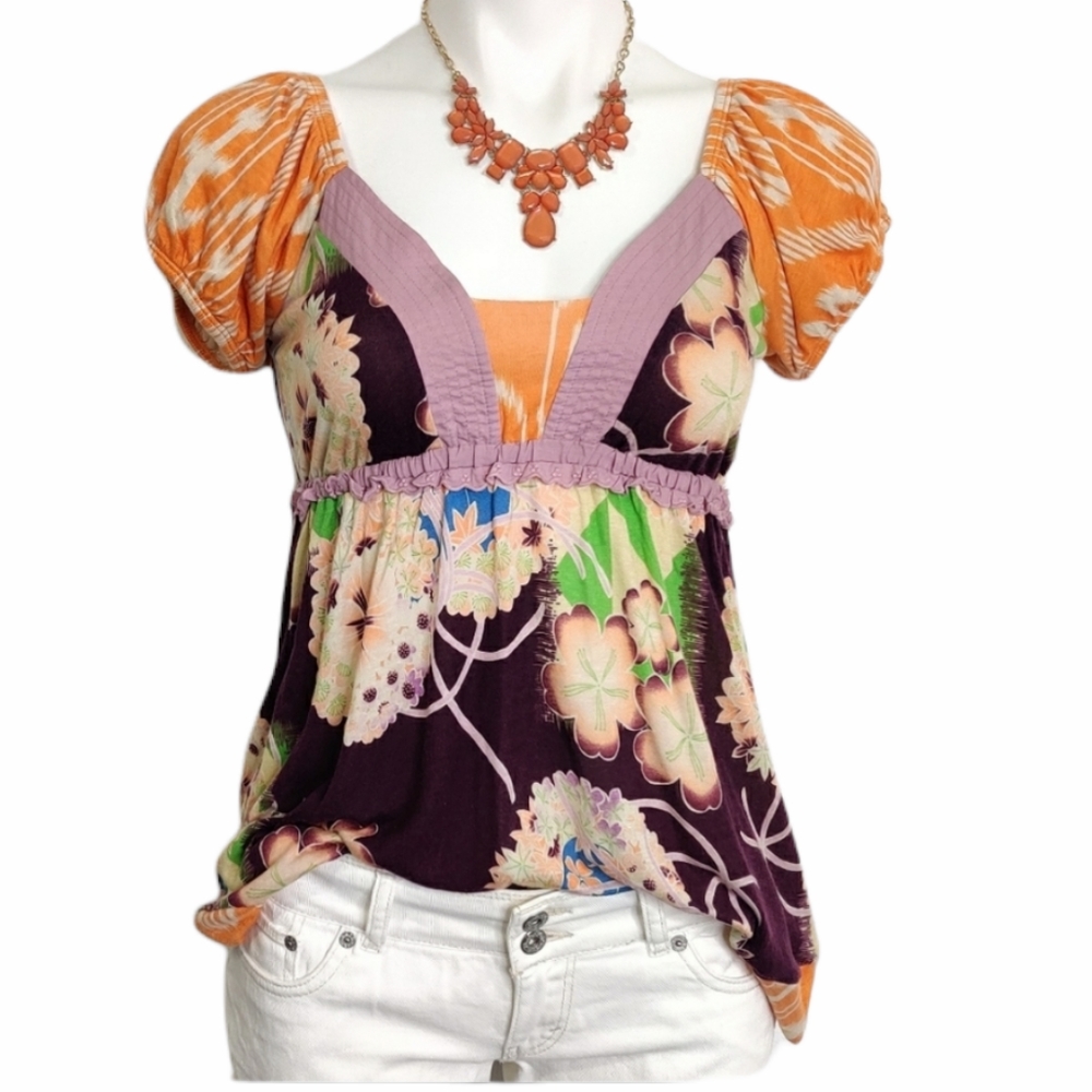 MACY'S Ric Rac Boho Puff Sleeve Floral Top EUC sz S